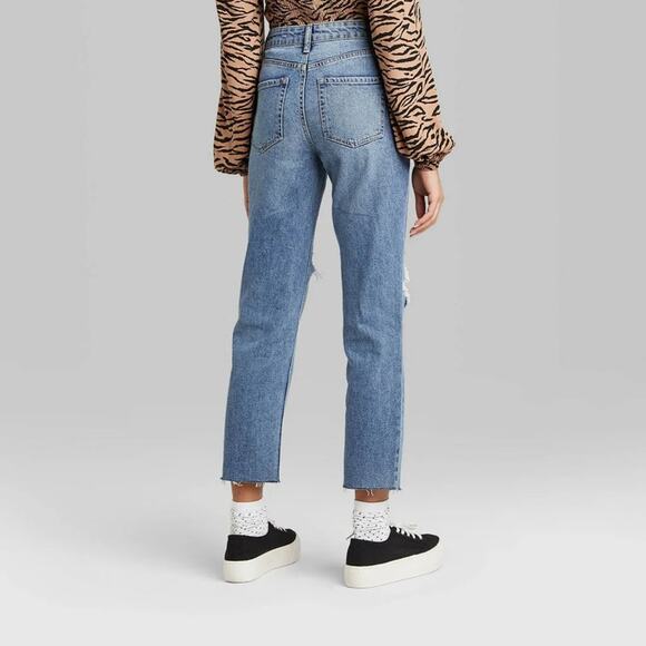 Wild Fable High Rise Straight Ankle Distressed Jeans Medium Indigo Wash Size 0 - Picture 2 of 9